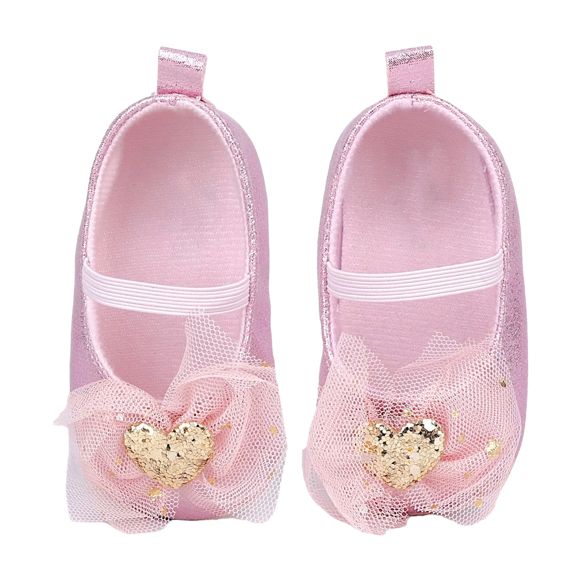 Baby Moo Embellished Bow Glittery Heart Anti-Skid Ballerina Booties - Pink
