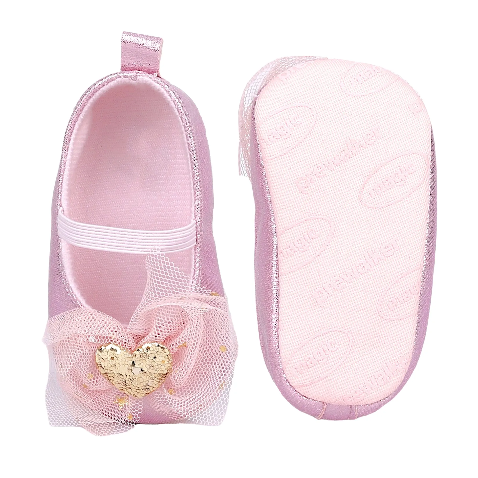 Baby Moo Embellished Bow Glittery Heart Anti-Skid Ballerina Booties - Pink