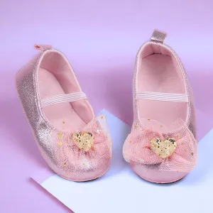 Baby Moo Embellished Bow Glittery Heart Anti-Skid Ballerina Booties - Pink