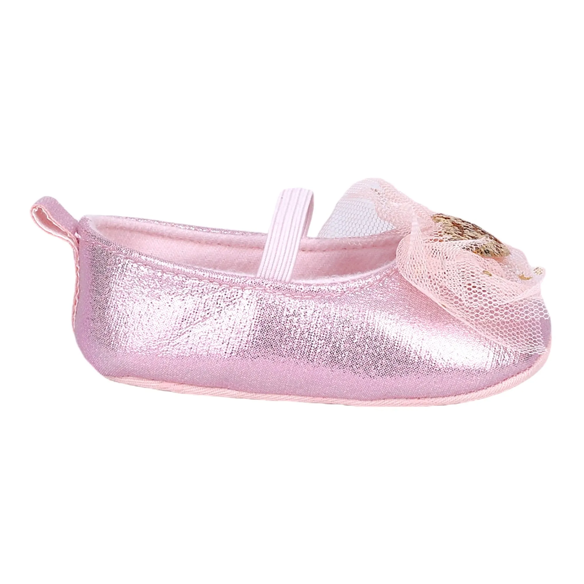 Baby Moo Embellished Bow Glittery Heart Anti-Skid Ballerina Booties - Pink