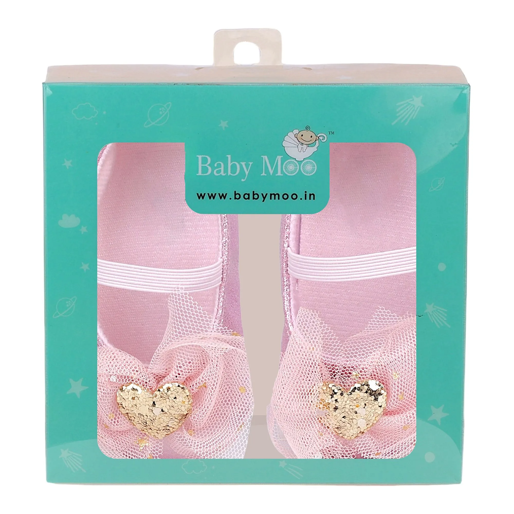 Baby Moo Embellished Bow Glittery Heart Anti-Skid Ballerina Booties - Pink