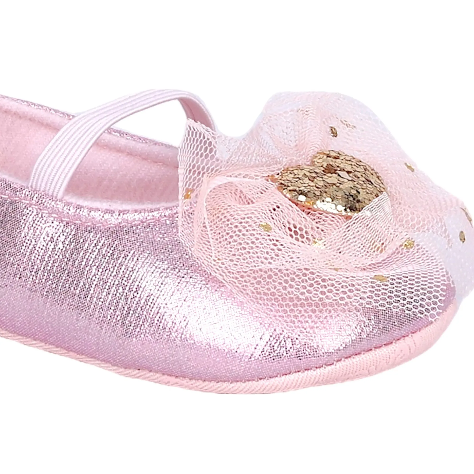 Baby Moo Embellished Bow Glittery Heart Anti-Skid Ballerina Booties - Pink