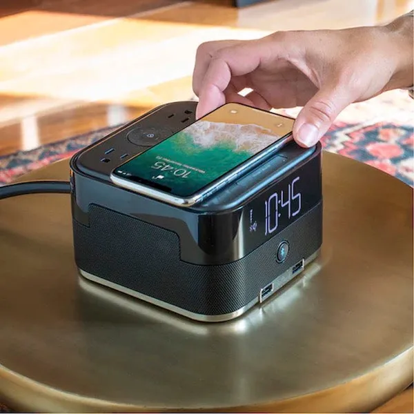 Bluetooth Wireless Qi Charging Power Cube - Combination Speaker, Power Outlets, USB Ports and Alarm