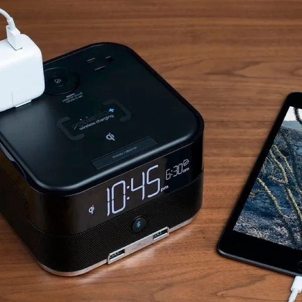 Bluetooth Wireless Qi Charging Power Cube - Combination Speaker, Power Outlets, USB Ports and Alarm