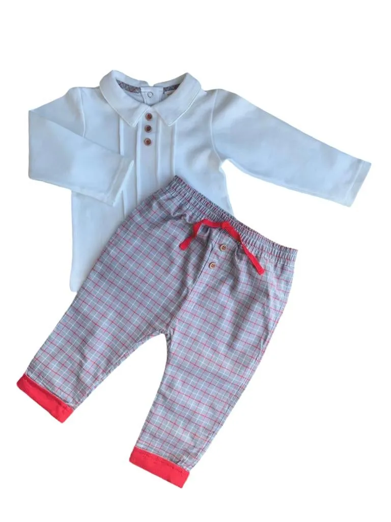 Boys Red and Grey Tartan Trouser Set
