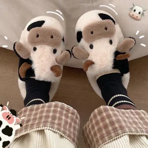 Cute Cow Animal Slipper For Womens shoes Girls Fashion Kawaii Soft Fluffy Winter Warm Slippers Woman Cartoon Milk Cow House Slippers Funny Shoes