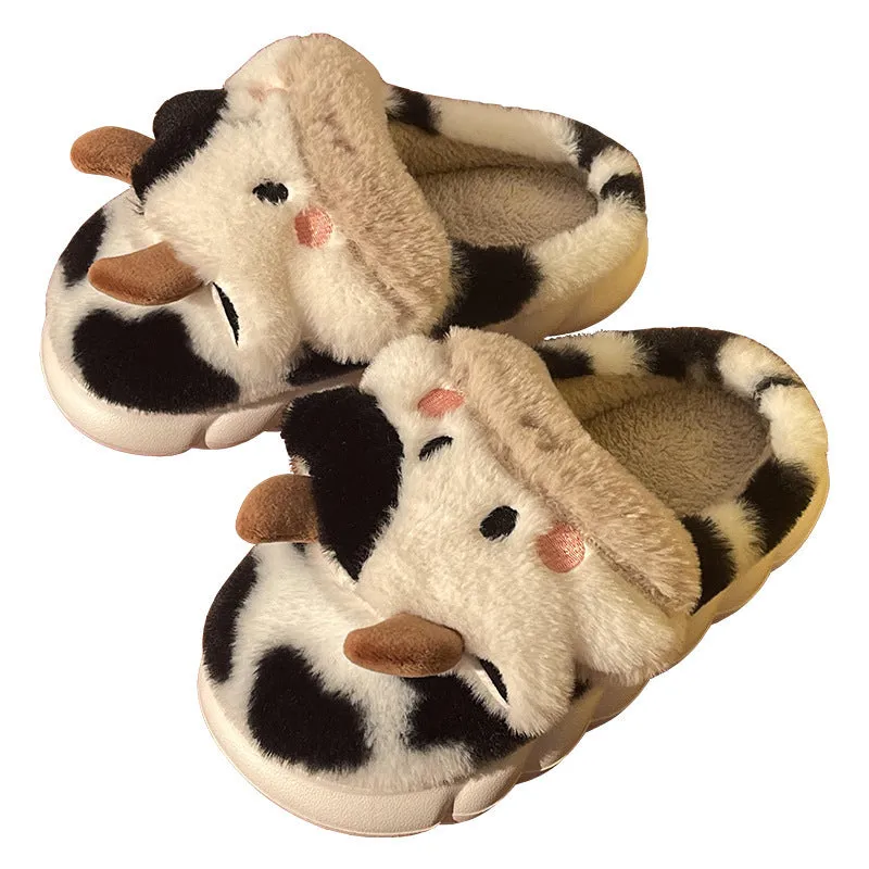 Cute Cow Animal Slipper For Womens shoes Girls Fashion Kawaii Soft Fluffy Winter Warm Slippers Woman Cartoon Milk Cow House Slippers Funny Shoes