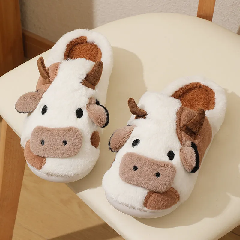 Cute Cow Animal Slipper For Womens shoes Girls Fashion Kawaii Soft Fluffy Winter Warm Slippers Woman Cartoon Milk Cow House Slippers Funny Shoes