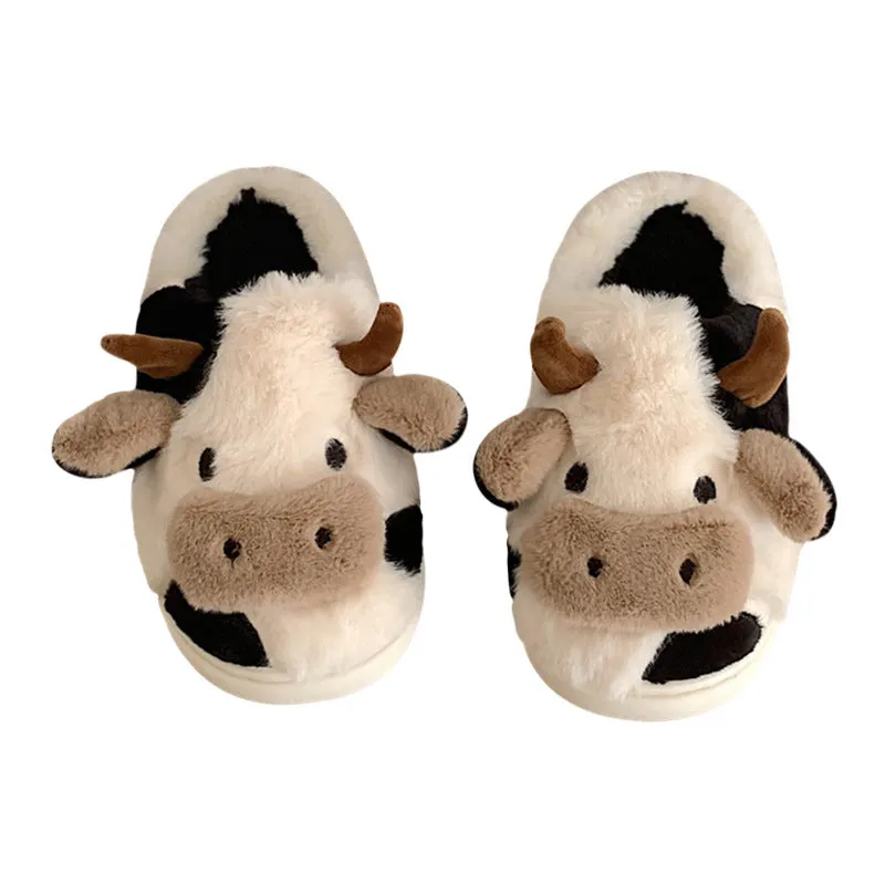 Cute Cow Animal Slipper For Womens shoes Girls Fashion Kawaii Soft Fluffy Winter Warm Slippers Woman Cartoon Milk Cow House Slippers Funny Shoes