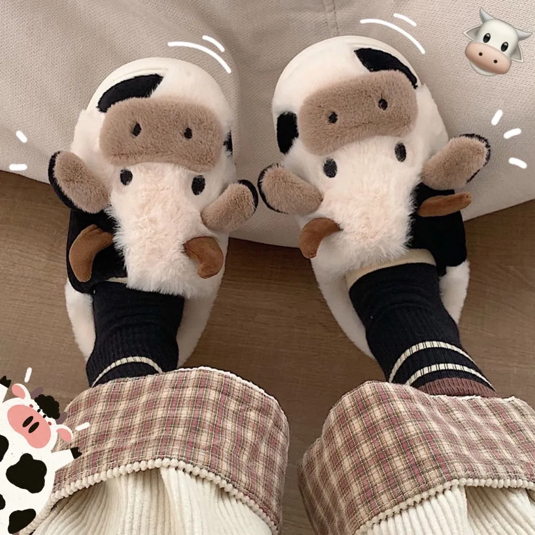 Cute Cow Animal Slipper For Womens shoes Girls Fashion Kawaii Soft Fluffy Winter Warm Slippers Woman Cartoon Milk Cow House Slippers Funny Shoes