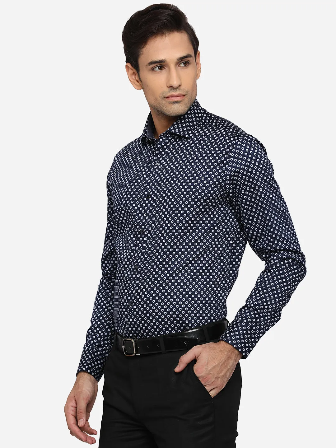 Dark Blue Printed Slim Fit Party Wear Shirt | JB Studio