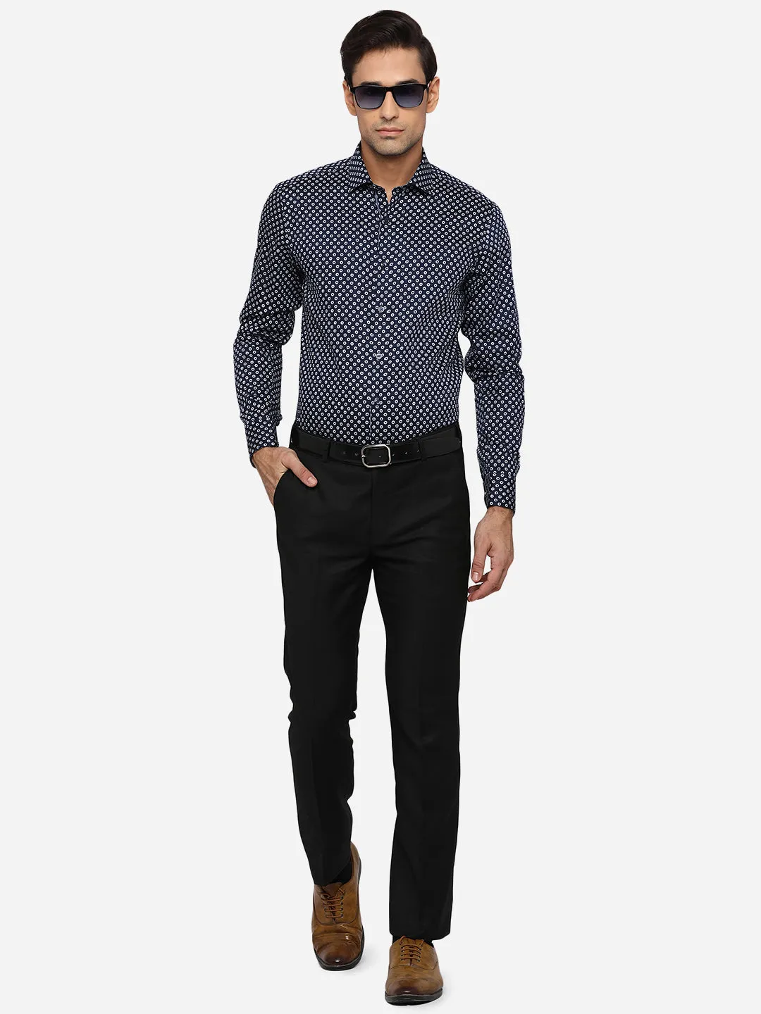Dark Blue Printed Slim Fit Party Wear Shirt | JB Studio