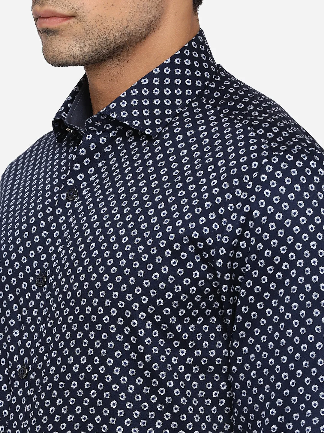 Dark Blue Printed Slim Fit Party Wear Shirt | JB Studio