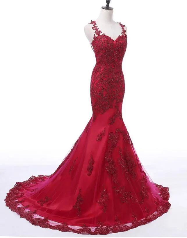 Dark Red Round Neckline Mermaid Tulle and Applique Formal Gowns, Mermaid Prom Dress 2018, Lovely Gowns