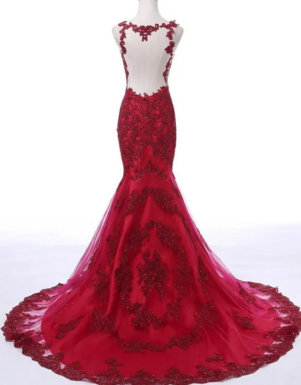 Dark Red Round Neckline Mermaid Tulle and Applique Formal Gowns, Mermaid Prom Dress 2018, Lovely Gowns