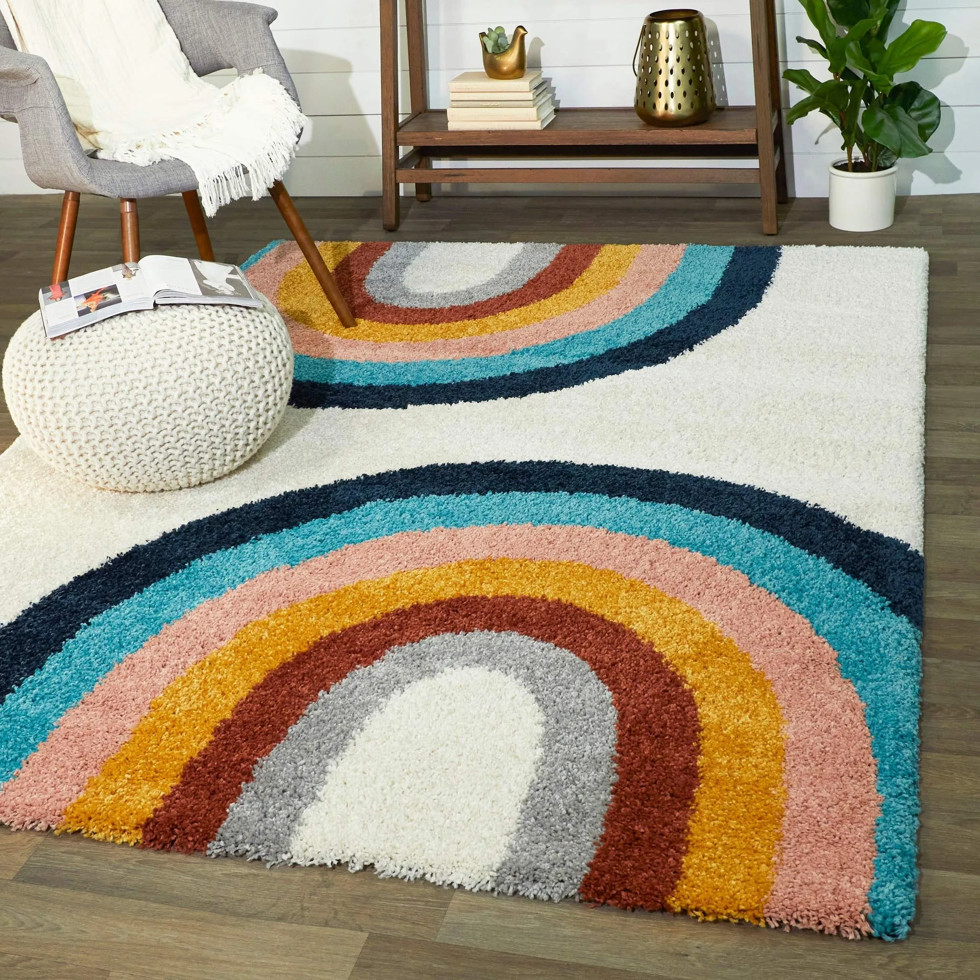 Double Rainbow Kids Area Rug 5'3" X 7' Blue Cream Pink Novelty