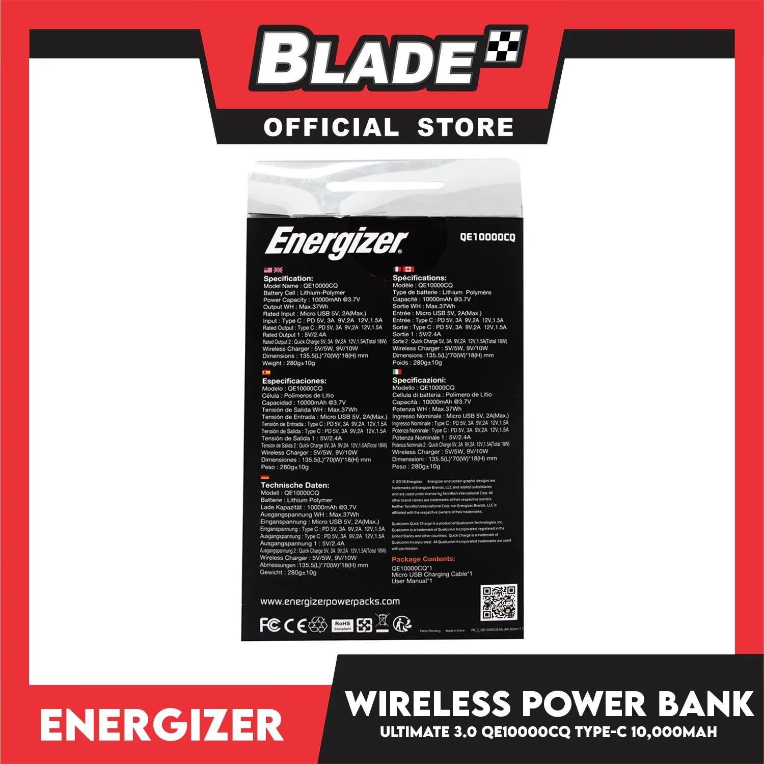 Energizer Ultimate Type-C Wireless Power Bank Quick Charge 3.0 QE10000CQ 10,000mAH- Fast Wireless Charging