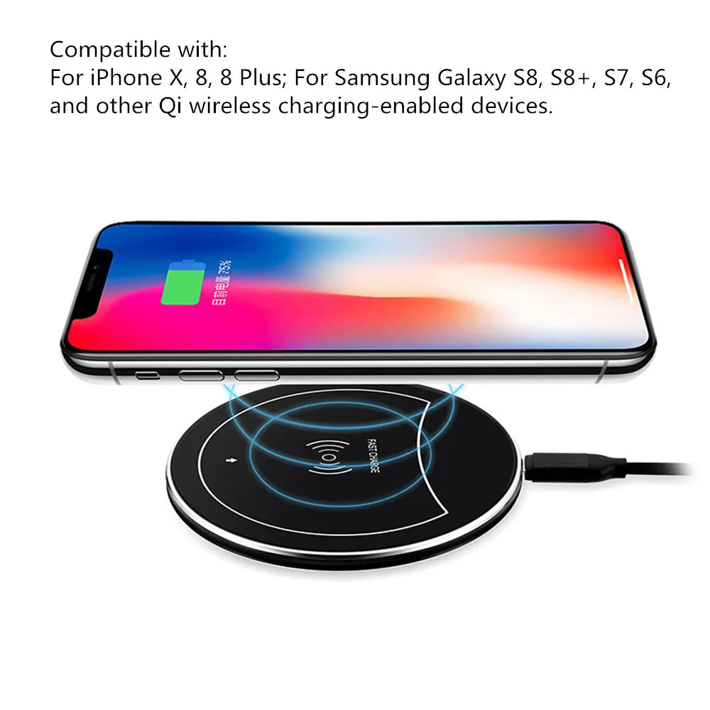 F10 Ultrathin Qi Fast Wireless Charger Pad for iPhone 8 Apple X Samsung Galaxy S7 S7 S8 Plus Phone Base black