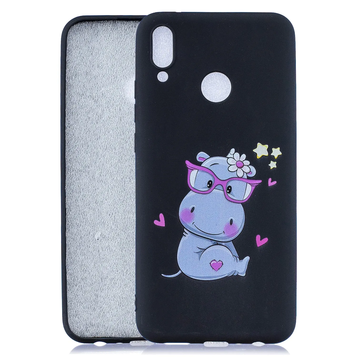 For HUAWEI Y9 2019 Cartoon Lovely Coloured Painted Soft TPU Back Cover Non-slip Shockproof Full Protective Case with Lanyard black