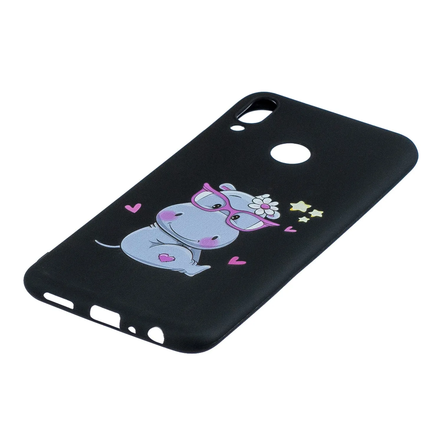 For HUAWEI Y9 2019 Cartoon Lovely Coloured Painted Soft TPU Back Cover Non-slip Shockproof Full Protective Case with Lanyard black