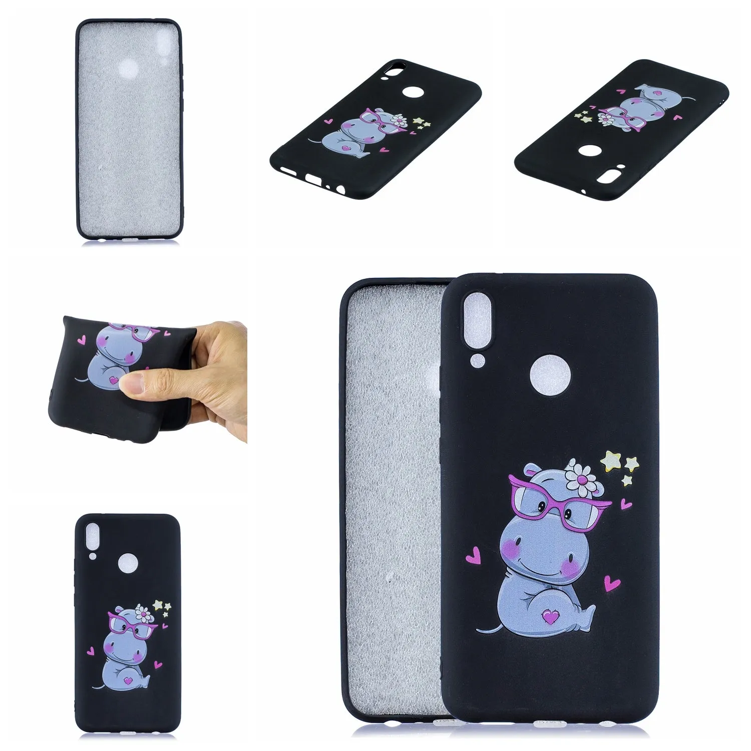 For HUAWEI Y9 2019 Cartoon Lovely Coloured Painted Soft TPU Back Cover Non-slip Shockproof Full Protective Case with Lanyard black