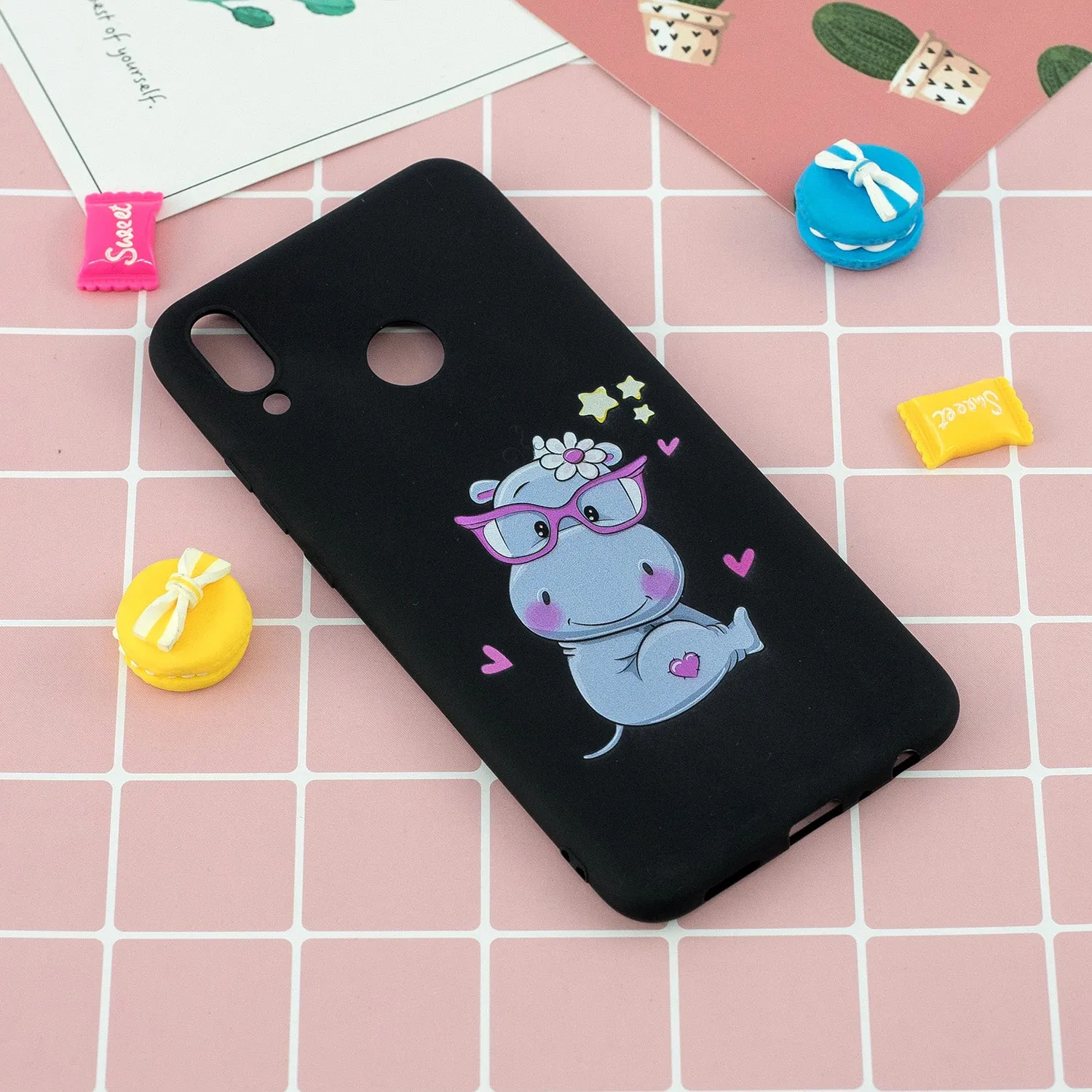 For HUAWEI Y9 2019 Cartoon Lovely Coloured Painted Soft TPU Back Cover Non-slip Shockproof Full Protective Case with Lanyard black