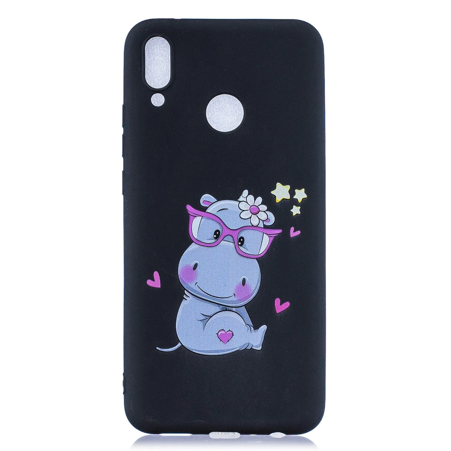For HUAWEI Y9 2019 Cartoon Lovely Coloured Painted Soft TPU Back Cover Non-slip Shockproof Full Protective Case with Lanyard black