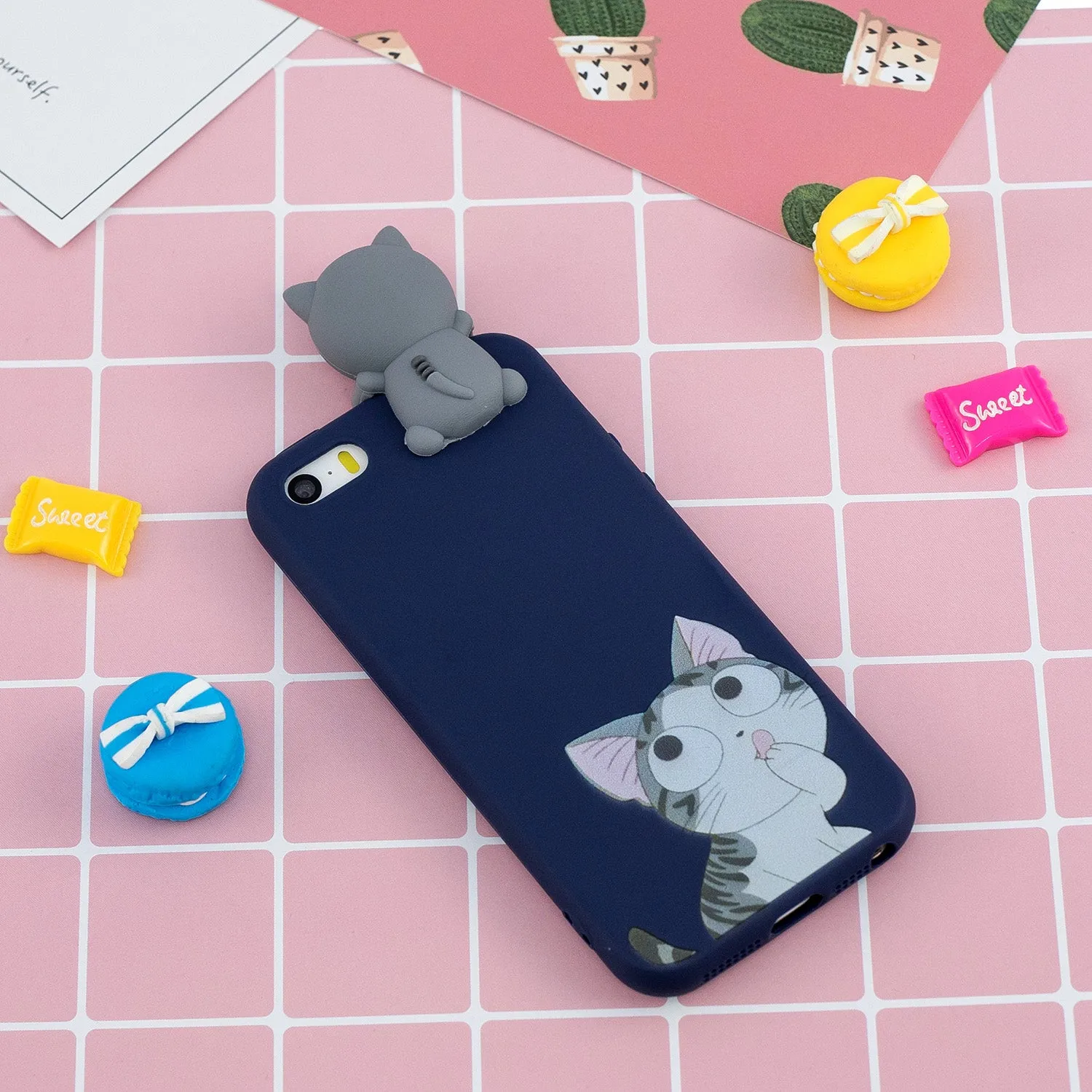 For iPhone 5/5S/SE 3D Cartoon Lovely Coloured Painted Soft TPU Back Cover Non-slip Shockproof Full Protective Case big face cat