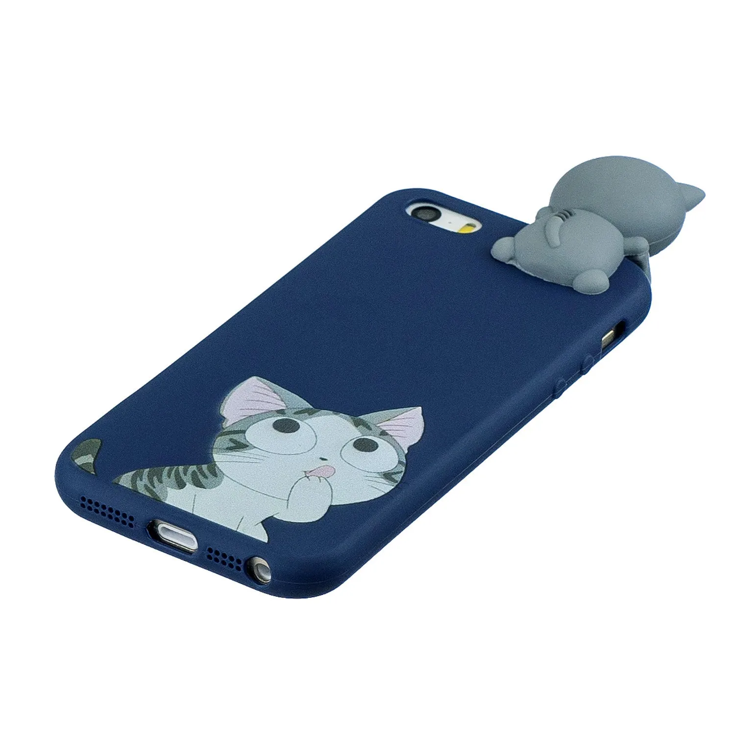 For iPhone 5/5S/SE 3D Cartoon Lovely Coloured Painted Soft TPU Back Cover Non-slip Shockproof Full Protective Case big face cat