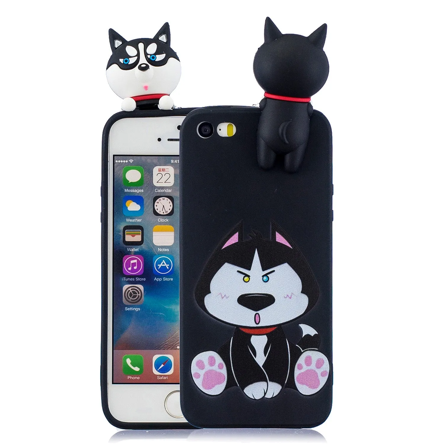 For iPhone 5/5S/SE 3D Cartoon Lovely Coloured Painted Soft TPU Back Cover Non-slip Shockproof Full Protective Case big face cat