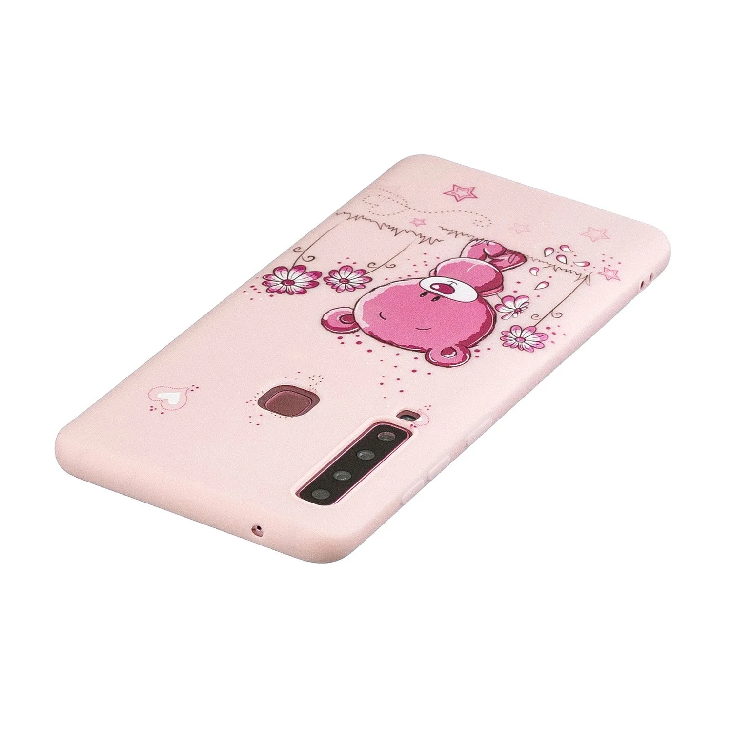 For Samsung A9 2018 Cartoon Lovely Coloured Painted Soft TPU Back Cover Non-slip Shockproof Full Protective Case with Lanyard Light pink