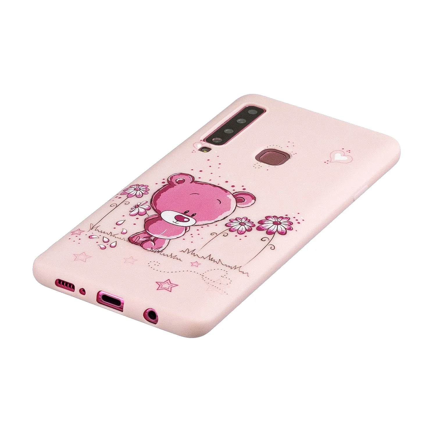 For Samsung A9 2018 Cartoon Lovely Coloured Painted Soft TPU Back Cover Non-slip Shockproof Full Protective Case with Lanyard Light pink