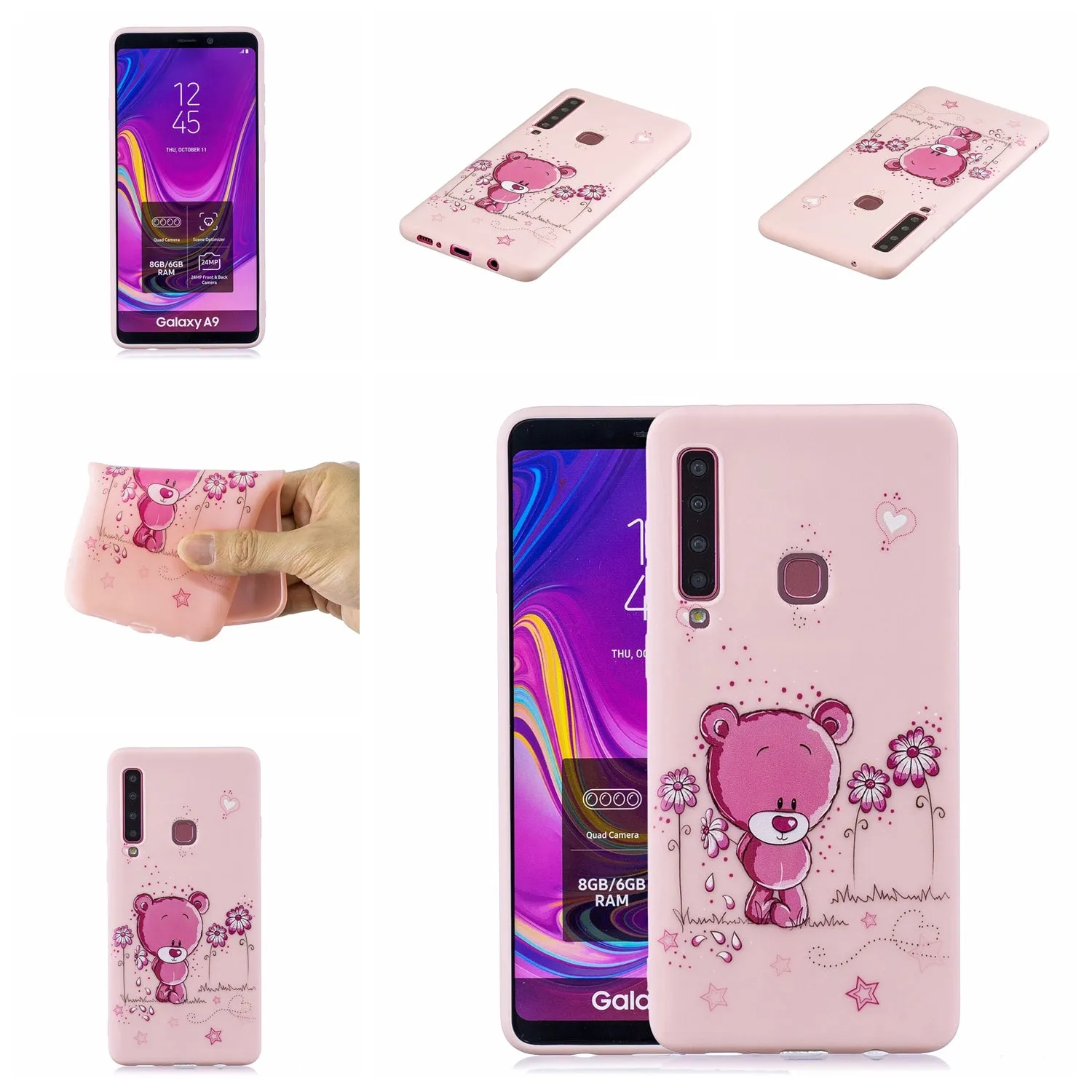 For Samsung A9 2018 Cartoon Lovely Coloured Painted Soft TPU Back Cover Non-slip Shockproof Full Protective Case with Lanyard Light pink