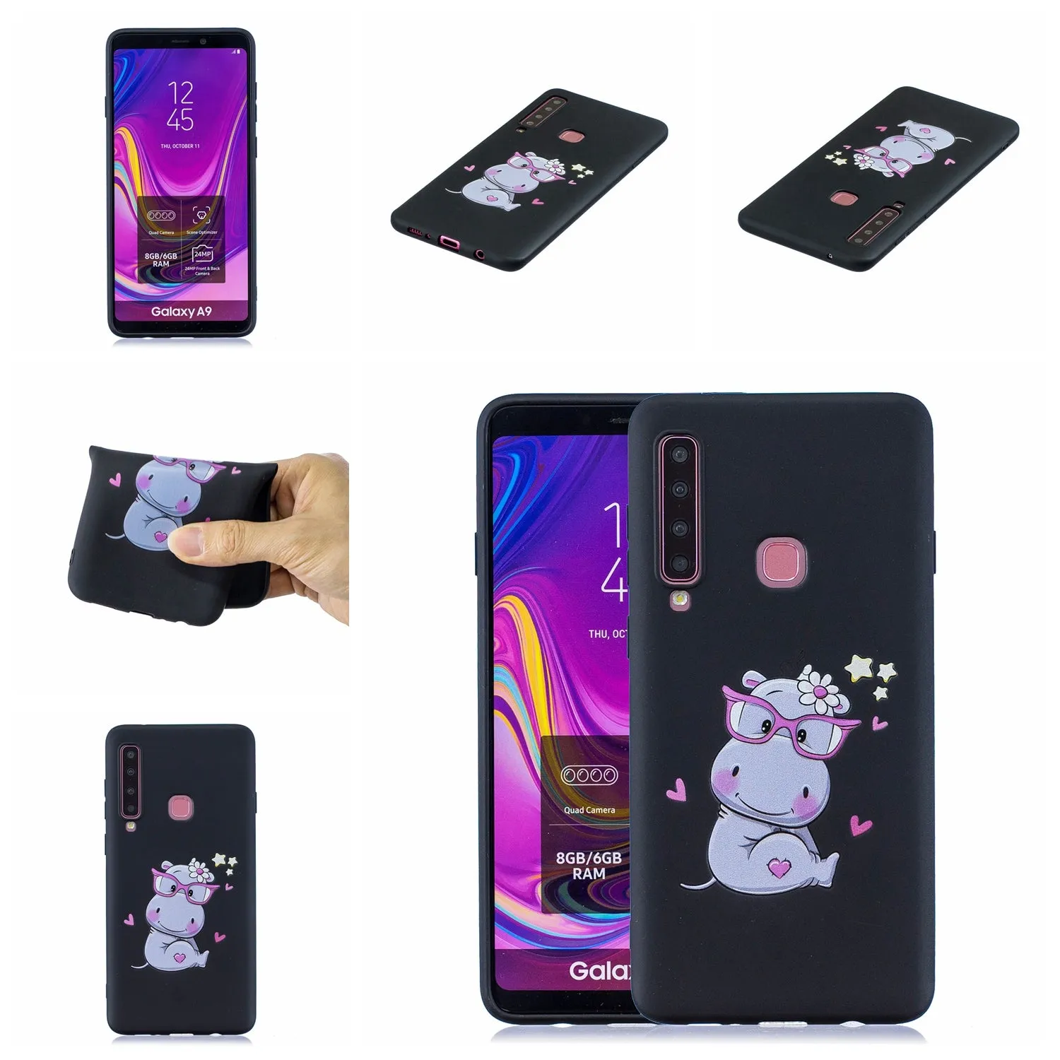 For Samsung A9 2018 Cartoon Lovely Coloured Painted Soft TPU Back Cover Non-slip Shockproof Full Protective Case with Lanyard Light pink