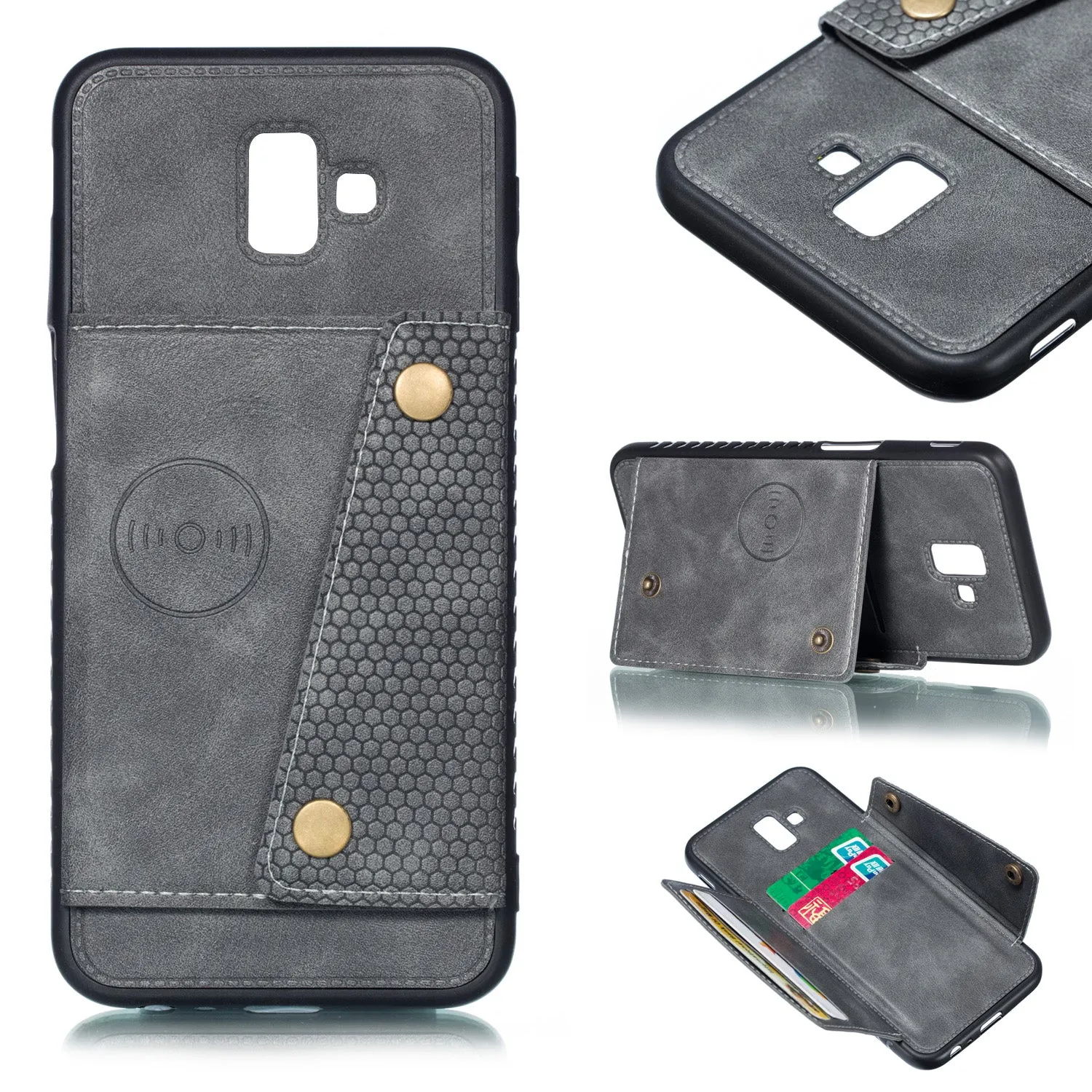 For Samsung J6 PLUS Double Buckle Non-slip Shockproof Cell Phone Case with Card Slot Bracket gray