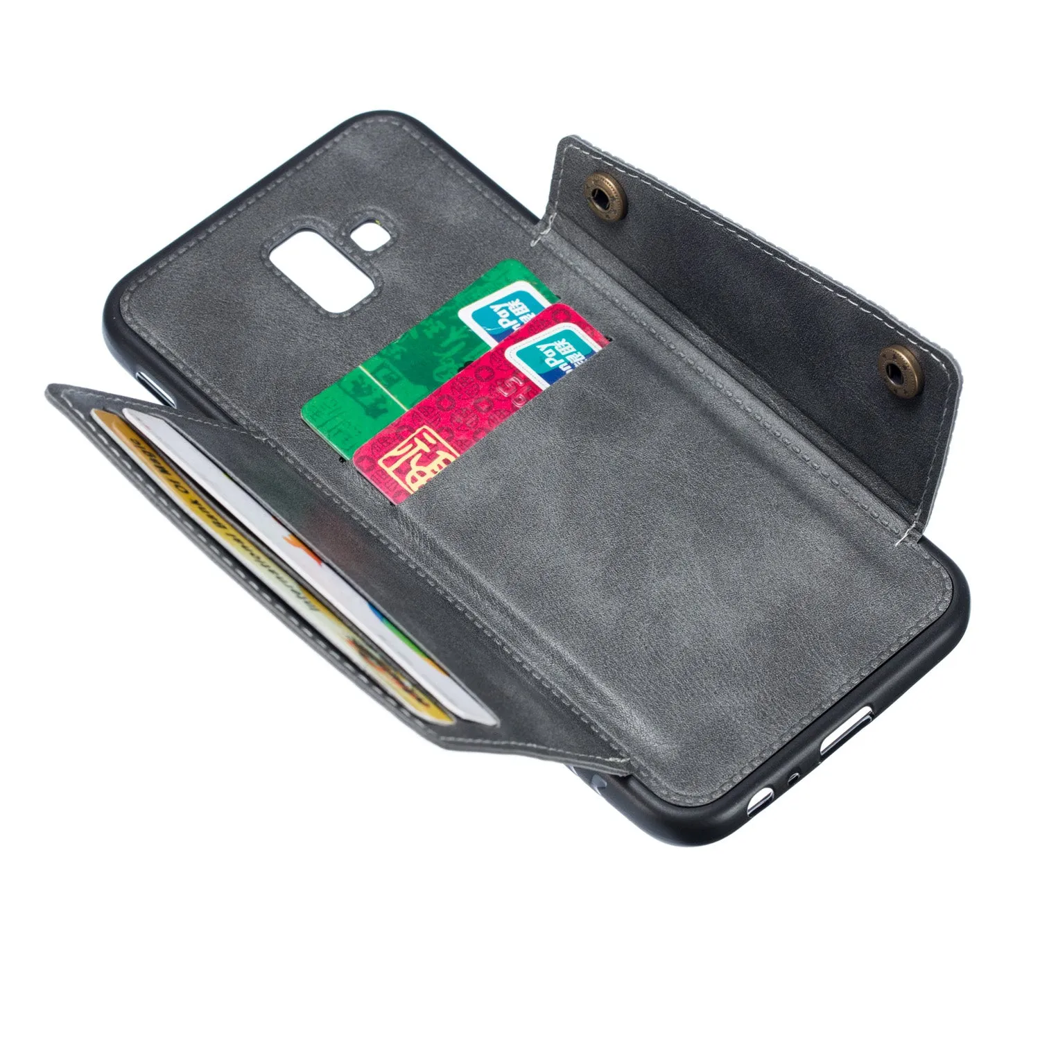 For Samsung J6 PLUS Double Buckle Non-slip Shockproof Cell Phone Case with Card Slot Bracket gray