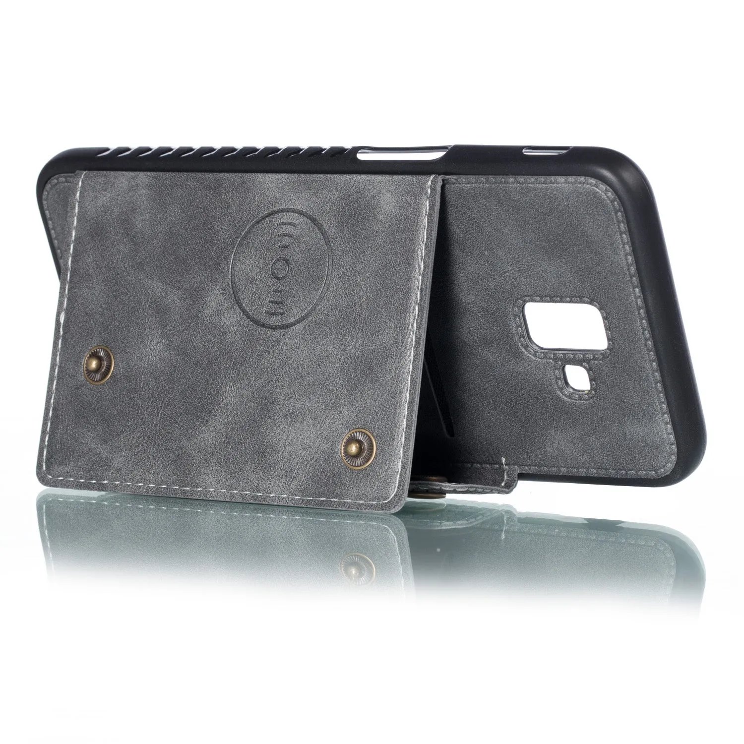 For Samsung J6 PLUS Double Buckle Non-slip Shockproof Cell Phone Case with Card Slot Bracket gray