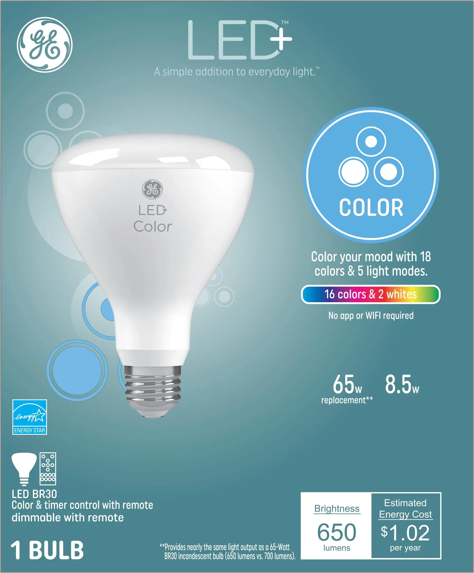 GE LED  Color Changing Indoor Floodlight Bulb, 10 Color Settings with Remote Inc