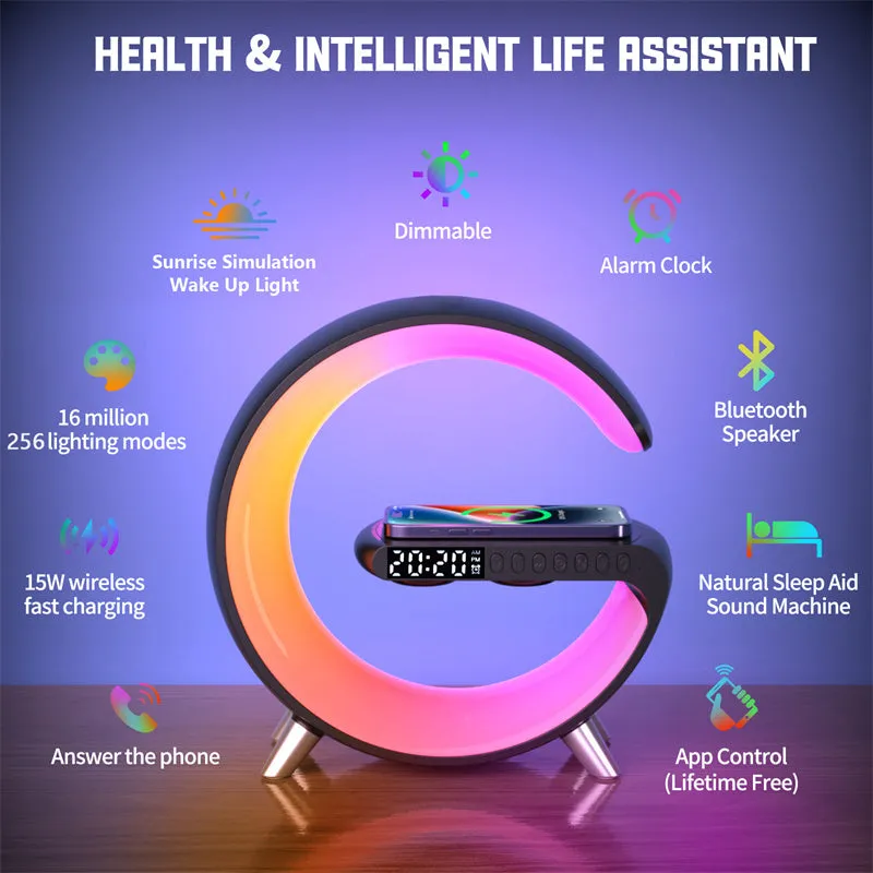 Intelligent G Shaped LED Lamp Bluetooth Speaker Wireless Charger Atmosphere Lamp App