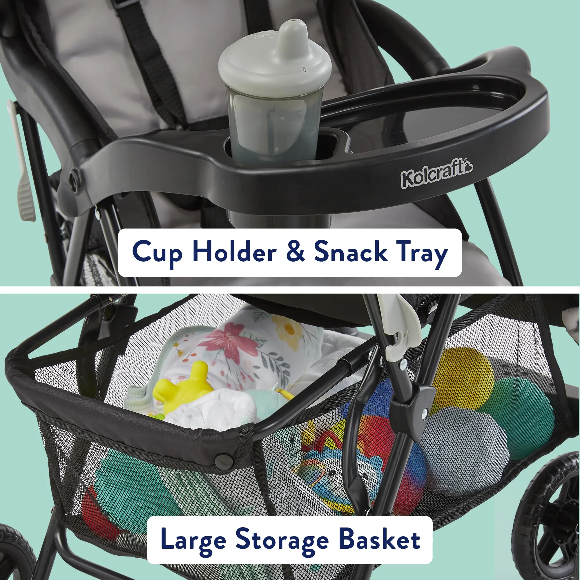 Kolcraft Cloud Plus Lightweight Baby Stroller, Travel Stroller with Large Storage Basket, Multi-Position Reclining Seat, One-Hand Steer, Compact Stroller, Infant and Toddler Stroller - Slate Gray