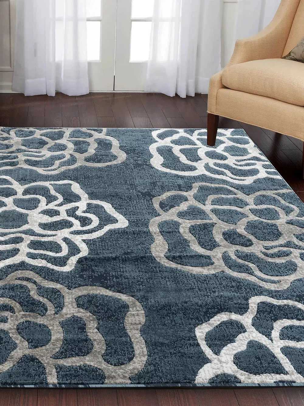 New Beautiful Newport Floral Area Rug in Dark Blue! 3 Ft 7 X 5 Ft! Soil, Stain & Fade Resistant!