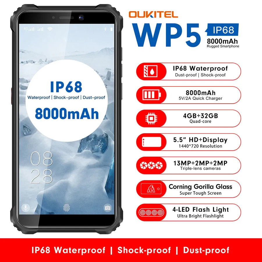 Oukitel WP5 Quad Core 32G Android 9.0 5MP Front Camera 5.5inch 8000mAh Battery Mobile Phone Smartphone Orange