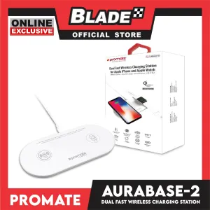 Promate Dual Fast Wireless Charging Station for Apple iPhone and Apple Watch AuraBase-2 (White)
