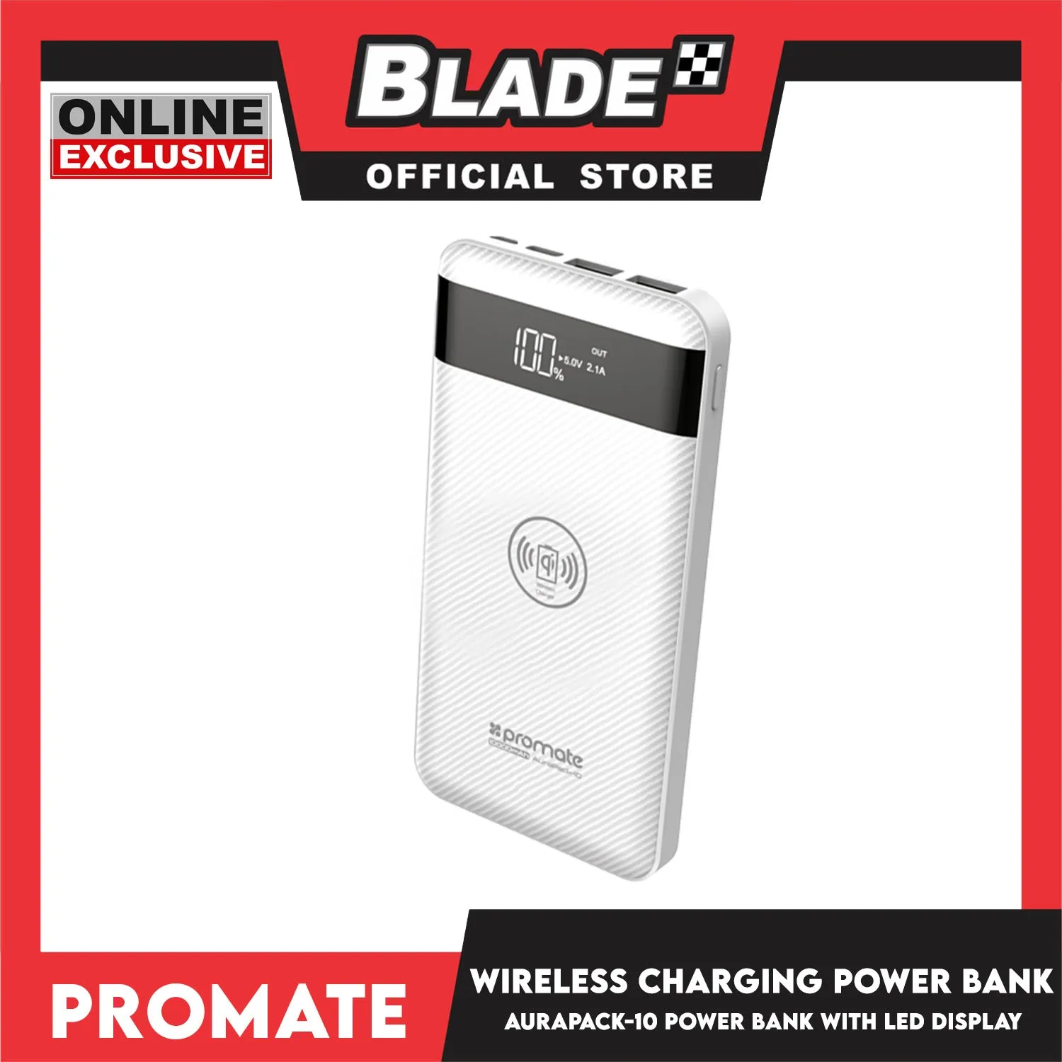 Promate Wireless Charging Power Bank with LED Display 10000mAh Aurapack-10 (White)