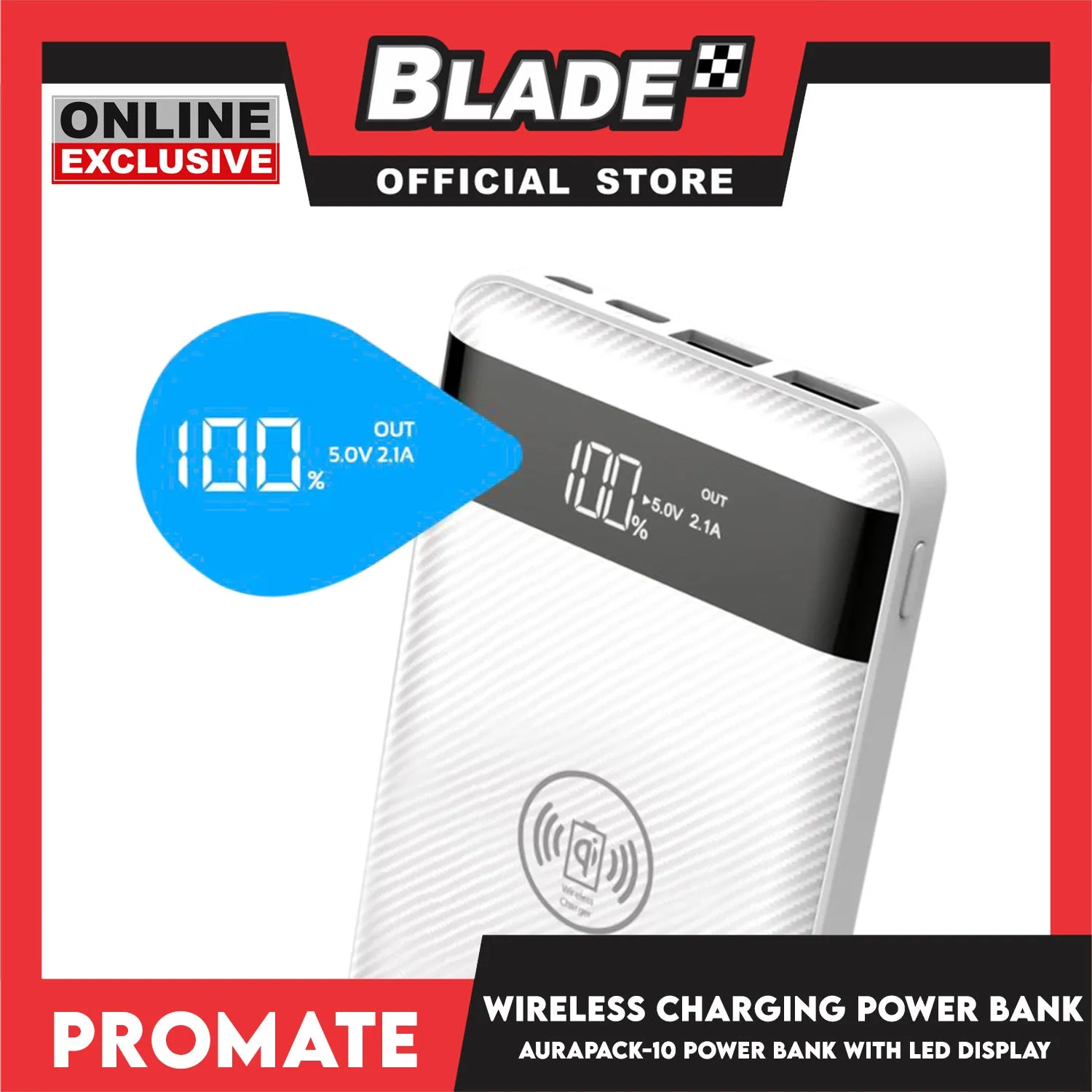 Promate Wireless Charging Power Bank with LED Display 10000mAh Aurapack-10 (White)