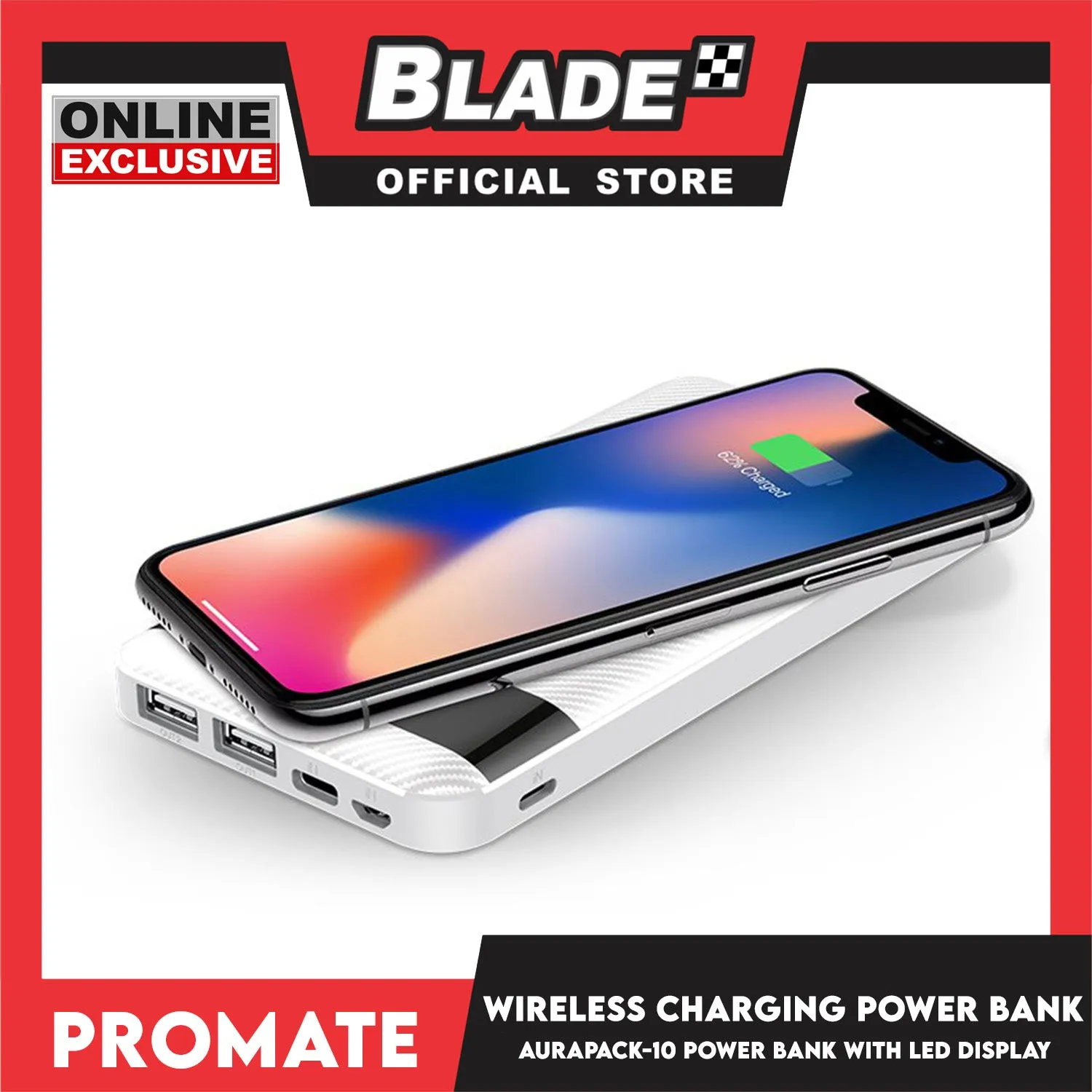 Promate Wireless Charging Power Bank with LED Display 10000mAh Aurapack-10 (White)