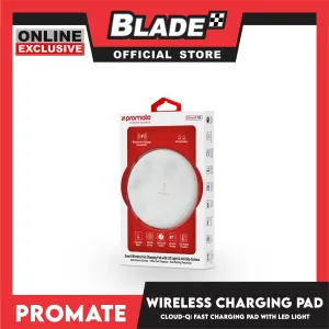 Promate Wireless Fast Charging Pad with LED Light & Anti-Slip Surface Cloud-Qi (White)
