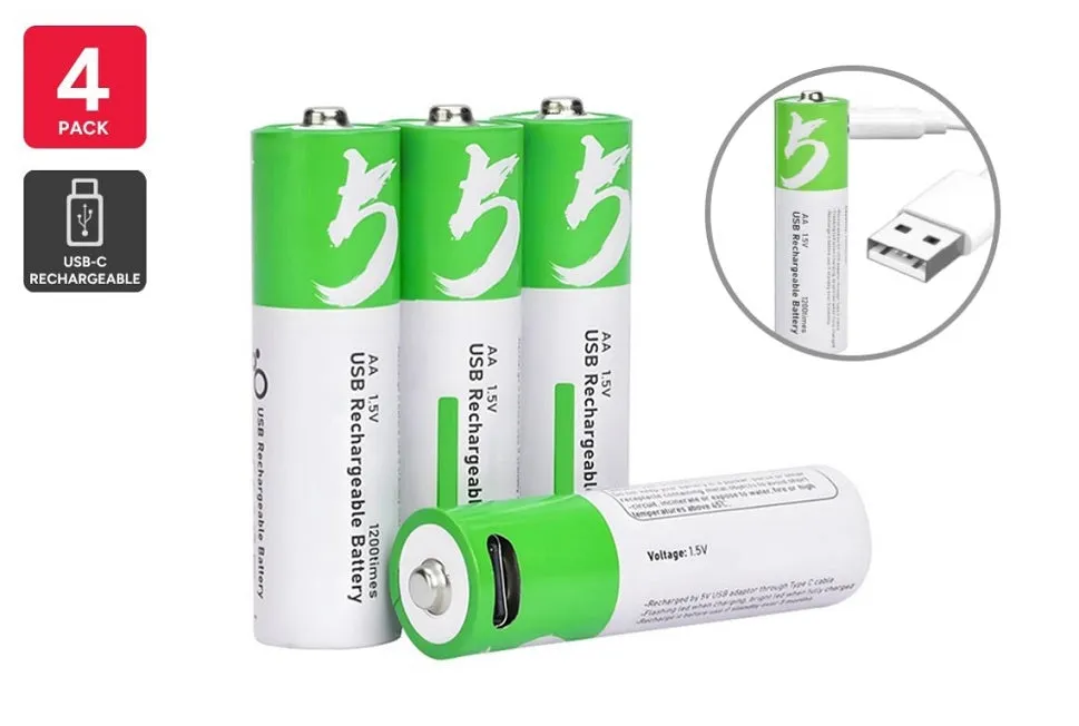 Rechargeable Lithium-Ion AA Batteries (4 Pack) 2400mAh 1.5V USB-C