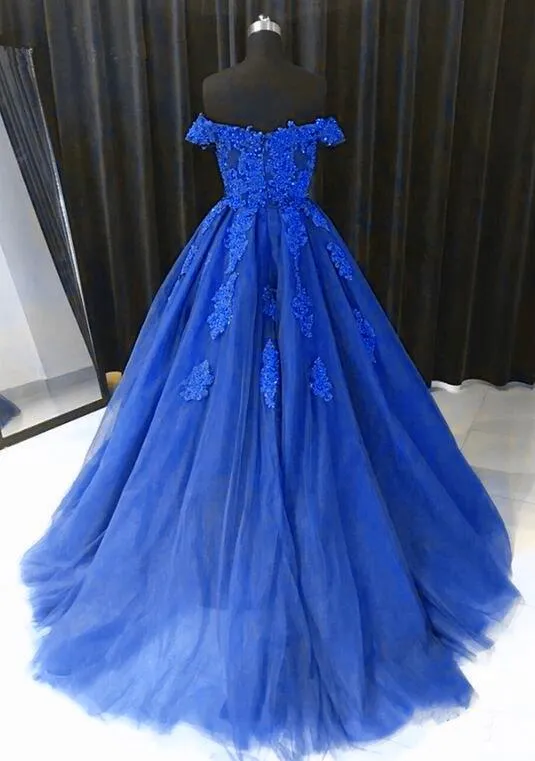 Royal Blue Tulle Gown, Lace Applique Off Shoulder Party Dress, Prom Dress Sweet 16 Dress