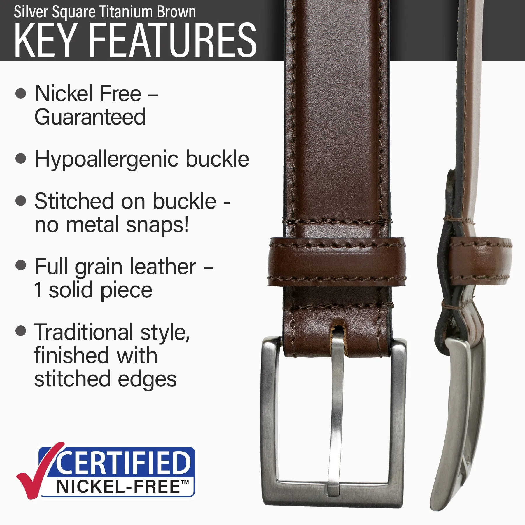 Silver Square Titanium Brown Leather Belt by Nickel Smart®